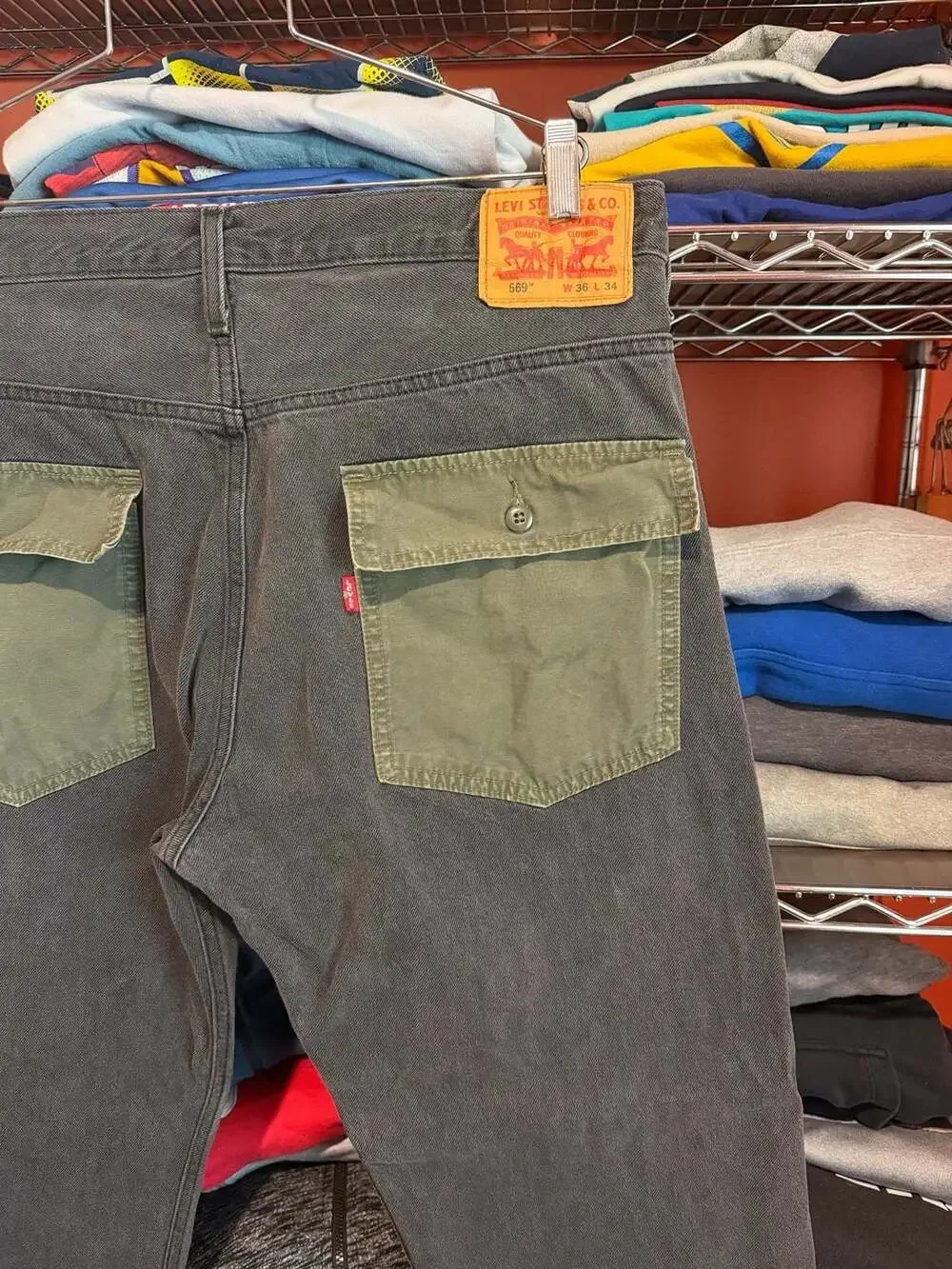 Levi's Men 569 Loose Straight Utility Jeans Black with Green Pocket Flaps 36x34